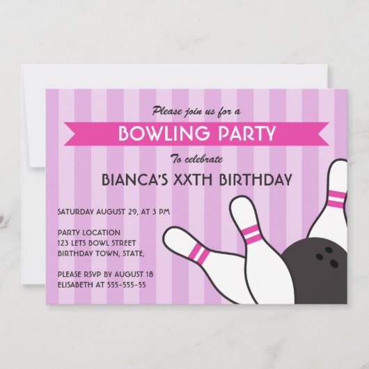 Invitation Fête d'anniversaire de bowling moderne violet et r (Devant)