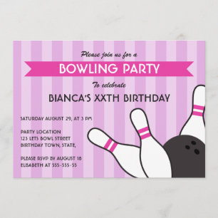 Invitation Fête d'anniversaire de bowling moderne violet et r