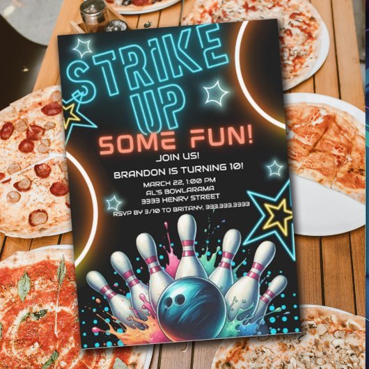 Invitation Fête d'anniversaire de bowling néon amusante