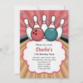 Invitation Fête d'anniversaire de bowling pour filles rétro (Devant)