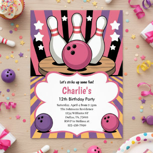 Invitation Fête d'anniversaire de bowling pour filles rétro r