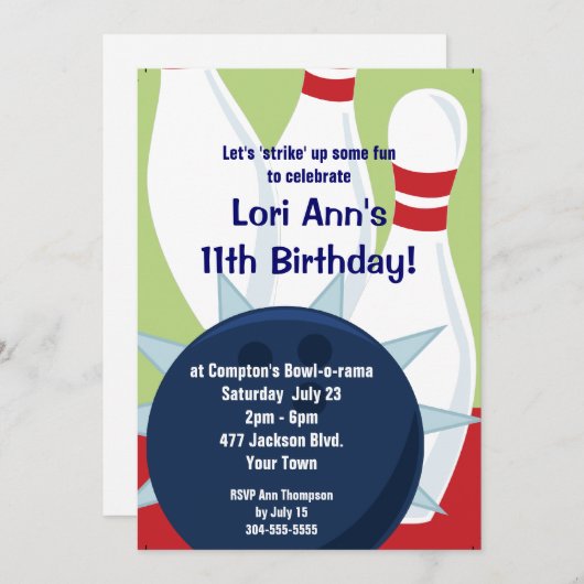 Invitation Fête d'anniversaire de Bowling sur mesure (Devant / Derrière)