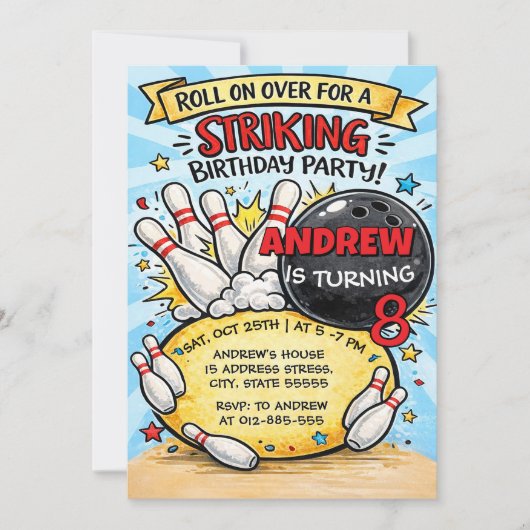 Invitation Fête d'anniversaire de bowling sur mesure pour enf (Devant)