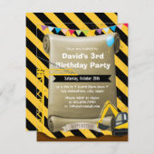 Invitation Fête d'anniversaire de Boys Construction Excavatio (Devant / Derrière)