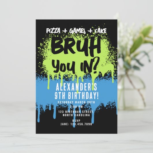 Invitation Fête d'anniversaire de Bruh Boy Neon Graffiti Vert (Debout devant)