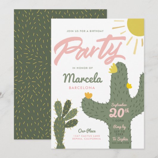 Invitation Fête d'anniversaire de Cactus (Devant / Derrière)