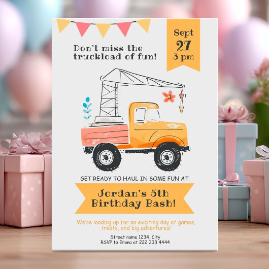 Invitation Fête d'anniversaire de camion de construction avec