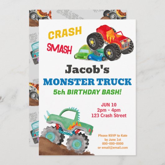 Invitation Fête d'anniversaire de camion monstre Crash Smash (Devant / Derrière)