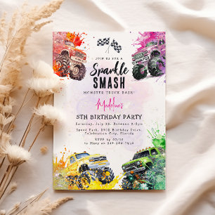 Invitation Fête d'anniversaire de camion monstre fille scinti