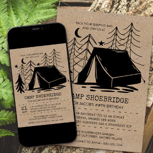 Invitation Fête d'anniversaire de camping doodle rustique