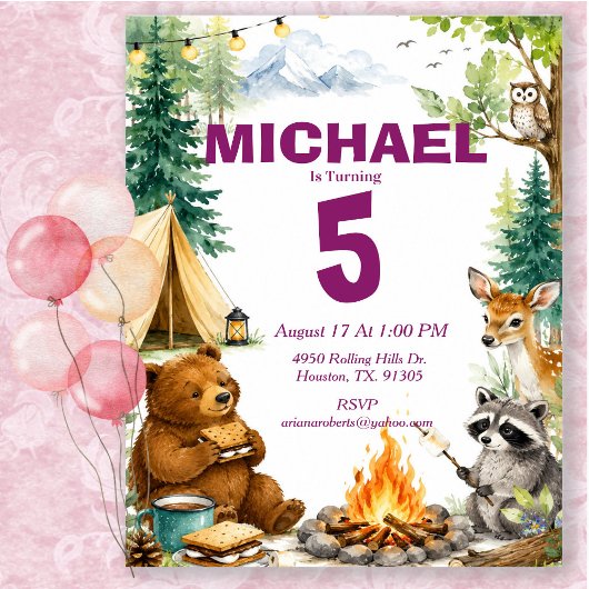 Invitation Fête d'anniversaire de camping en forêt