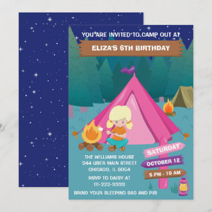 Invitation Fête d'anniversaire de camping nocturne Fille blon