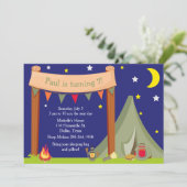 Invitation Fête d'anniversaire de camping nuitée Vert Kaki (Debout devant)