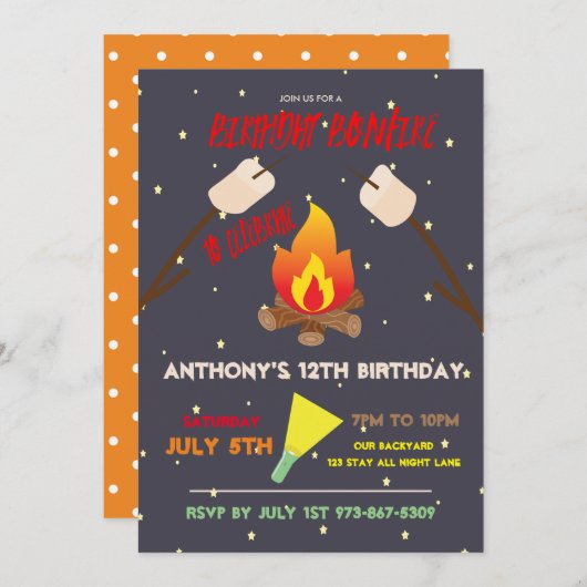 Invitation Fête d'anniversaire de Campout de feu (Devant / Derrière)