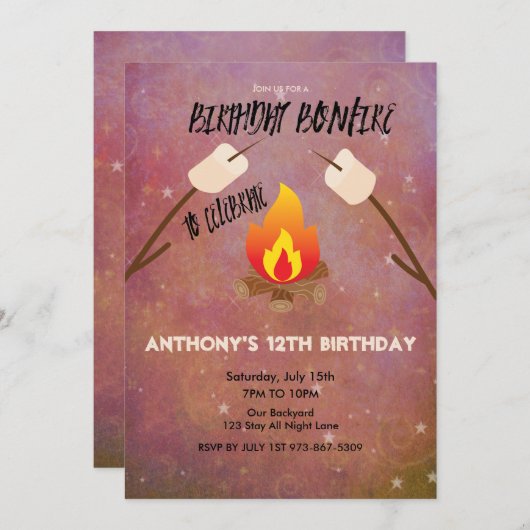 Invitation Fête d'anniversaire de Campout de feu (Devant / Derrière)