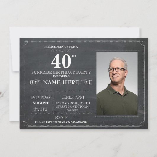 Invitation Fête d'anniversaire de Chalkboard Surprise 40e Inv (Devant)