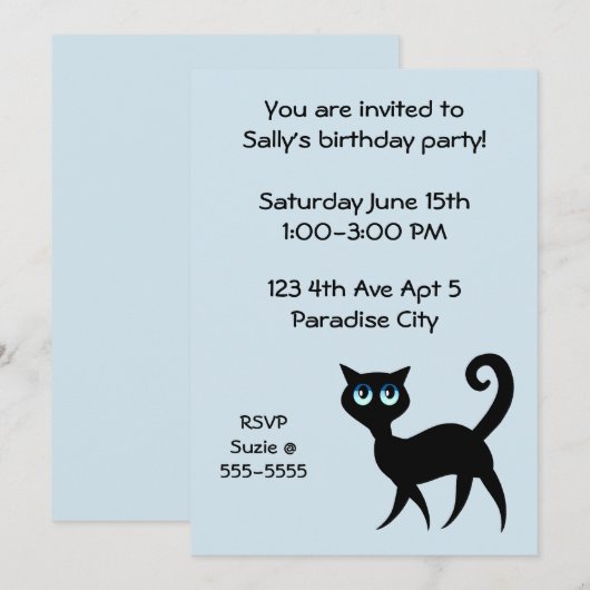 Invitation Fête d'anniversaire de chat bleu et noir (Devant / Derrière)