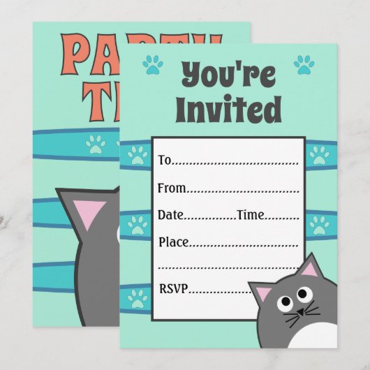 Invitation Fête d'anniversaire de chat gris (Devant / Derrière)