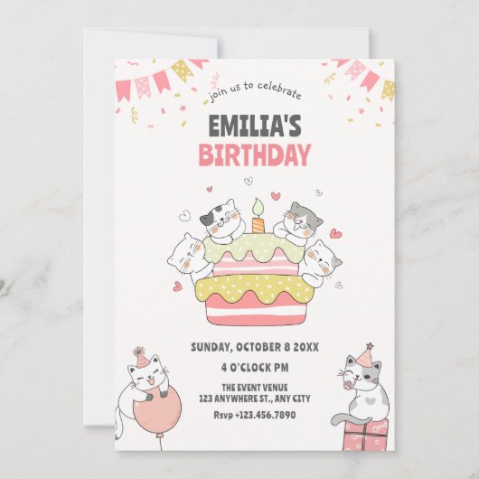 Invitation Fête d'anniversaire de chat joueuse (Devant)
