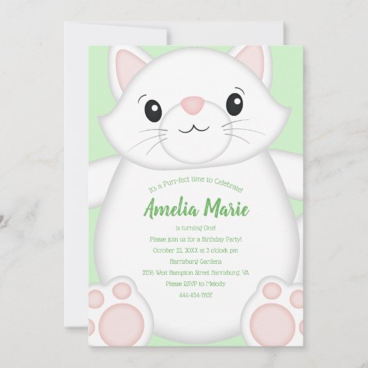 Invitation Fête d'anniversaire de chat Kitty Vert (Devant)