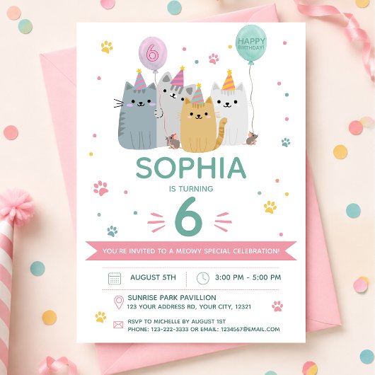 Invitation Fête d'anniversaire de chat mignon