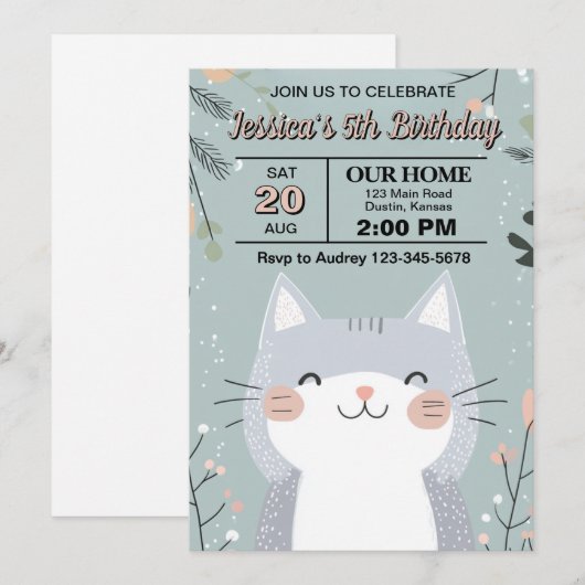 Invitation Fête d'anniversaire de chat mignon et câlin (Devant / Derrière)