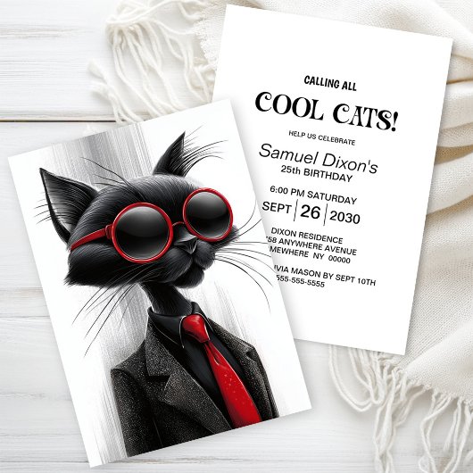 Invitation Fête d'anniversaire de chat noir cool