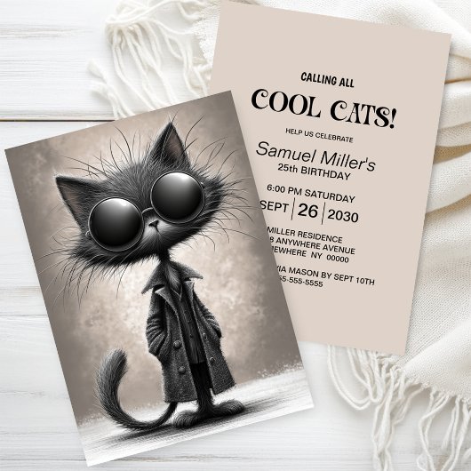 Invitation Fête d'anniversaire de chat noir cool