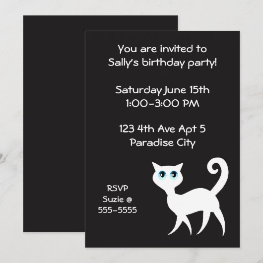 Invitation Fête d'anniversaire de Chat noir et blanc (Devant / Derrière)