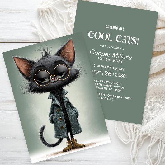 Invitation Fête d'anniversaire de chat noir mignon