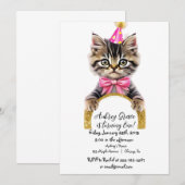Invitation Fête d'anniversaire de chaton chatte rose or paill (Devant / Derrière)