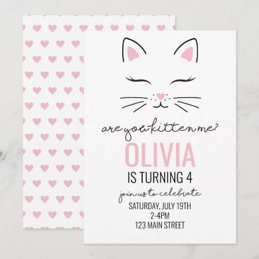 Invitation Fête d'anniversaire de chaton coeurs roses (Devant / Derrière)