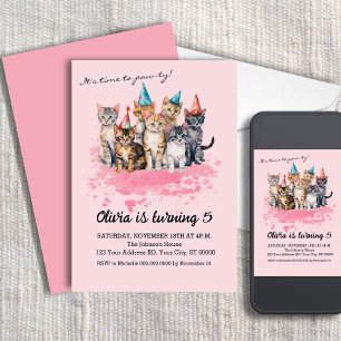 Invitation Fête d'anniversaire de chats, filles et enfants