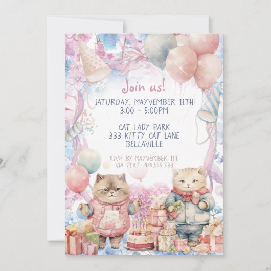 Invitation Fête d'anniversaire de chats mignons (Dos)