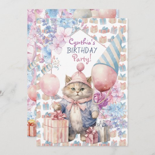Invitation Fête d'anniversaire de chats mignons (Devant / Derrière)