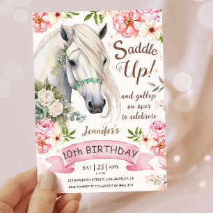 Invitation Fête d'anniversaire de cheval Filles Rose 10ème An