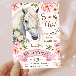 Invitation Fête d'anniversaire de cheval Filles Rose 6ème Ann