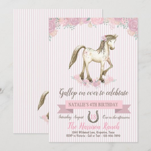 Invitation Fête d'anniversaire de cheval mignon (Devant / Derrière)