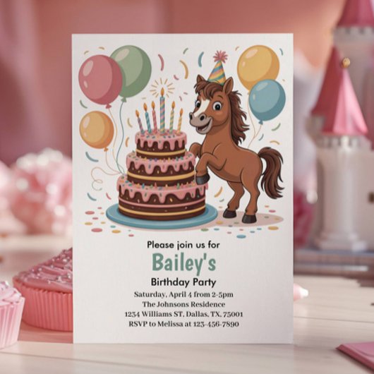 Invitation Fête d'anniversaire de cheval pour filles