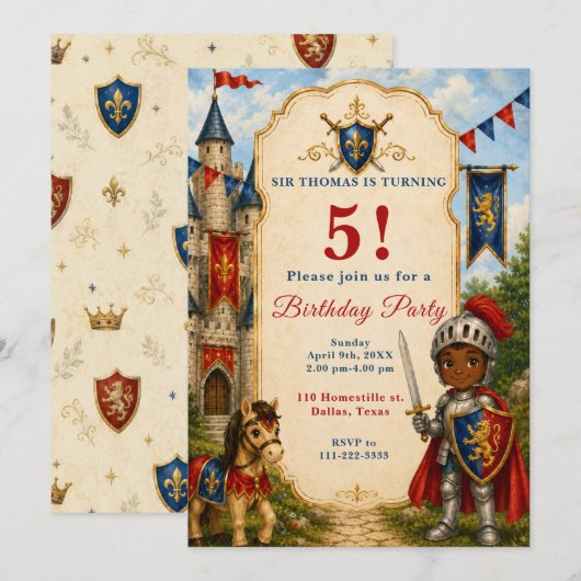 Invitation Fête d'anniversaire de Chevalier Médiéval 5 ans (Devant / Derrière)