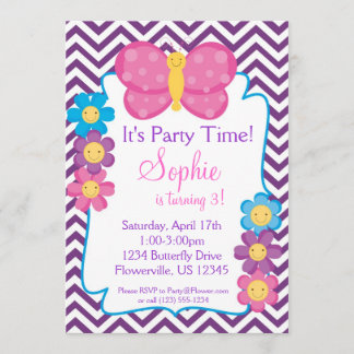 Invitation Fête d'anniversaire de Chevron et de Papillon rose