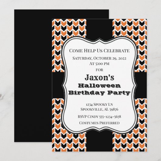 Invitation Fête d'anniversaire de Chevron noir et orange (Devant / Derrière)