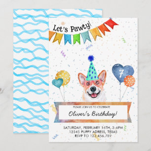Invitation Fête d'anniversaire de chien Corgi Lets Pawty