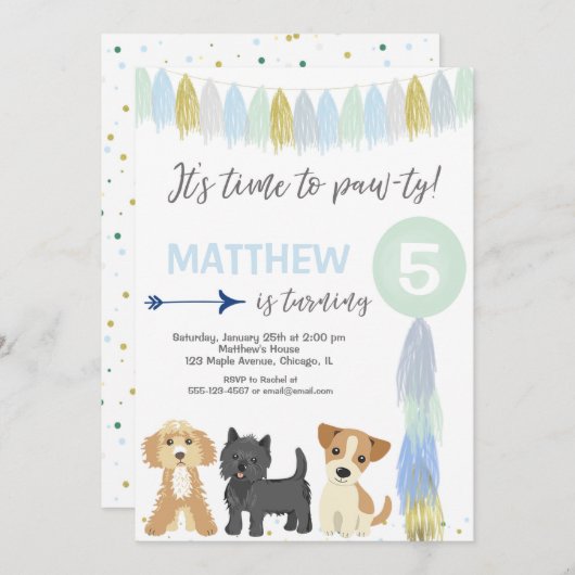 Invitation Fête d'anniversaire de chien, mignon chiot garçon (Devant / Derrière)