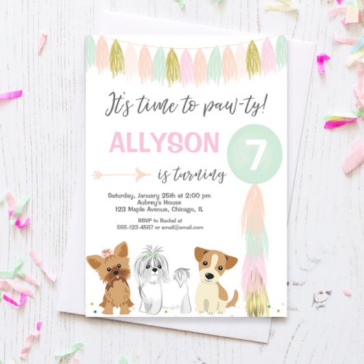 Invitation Fête d'anniversaire de chien, mignonne chiot fille