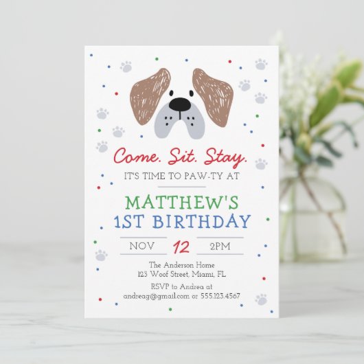 Invitation Fête d'anniversaire de chien, Puppy Paw-ty Invitat (Debout devant)