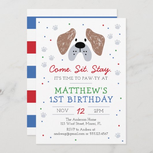 Invitation Fête d'anniversaire de chien, Puppy Paw-ty Invitat (Devant / Derrière)