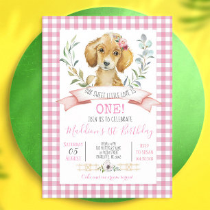 Invitation Fête d'anniversaire de chiot à carreaux roses