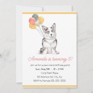 Invitation Fête d'anniversaire de chiot Corgi mignon