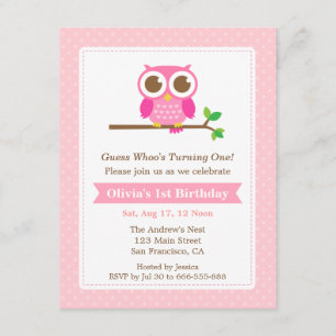 Invitation Fête d'anniversaire de chouette aux pois roses